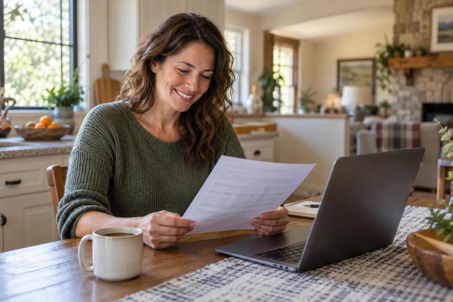 A homeowner reviewing a written plumbing quote at the kitchen table in the Wildwood area