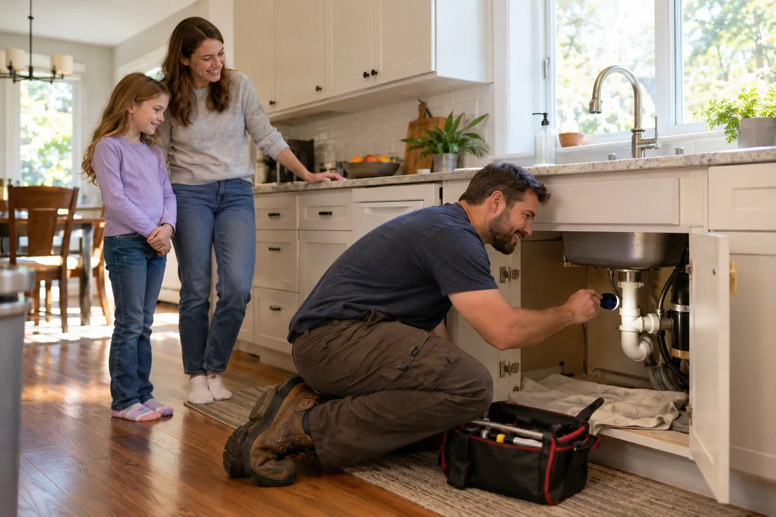 A friendly local plumbing provider kneeling beside an open kitchen cabinet in a Wildwood home while a homeowner looks on
