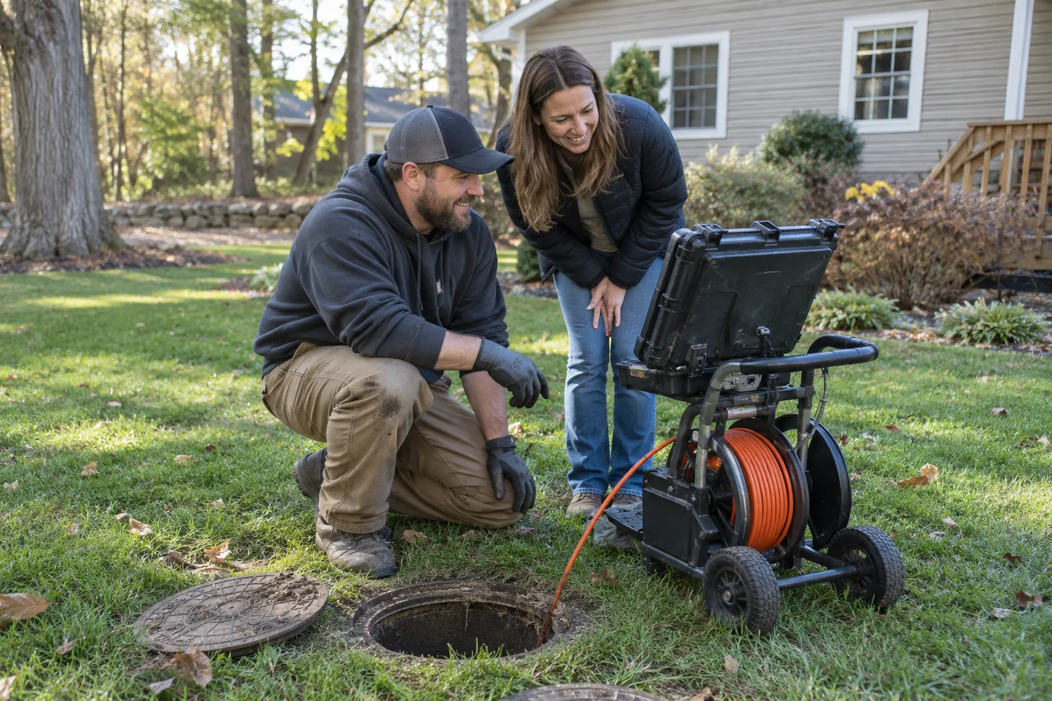 A local provider and a homeowner reviewing a sewer camera screen in a Wildwood backyard